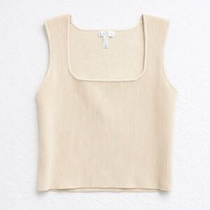 Leith Ribbed Knit Tank Top Women Large Cream Square Neck Sleeveless